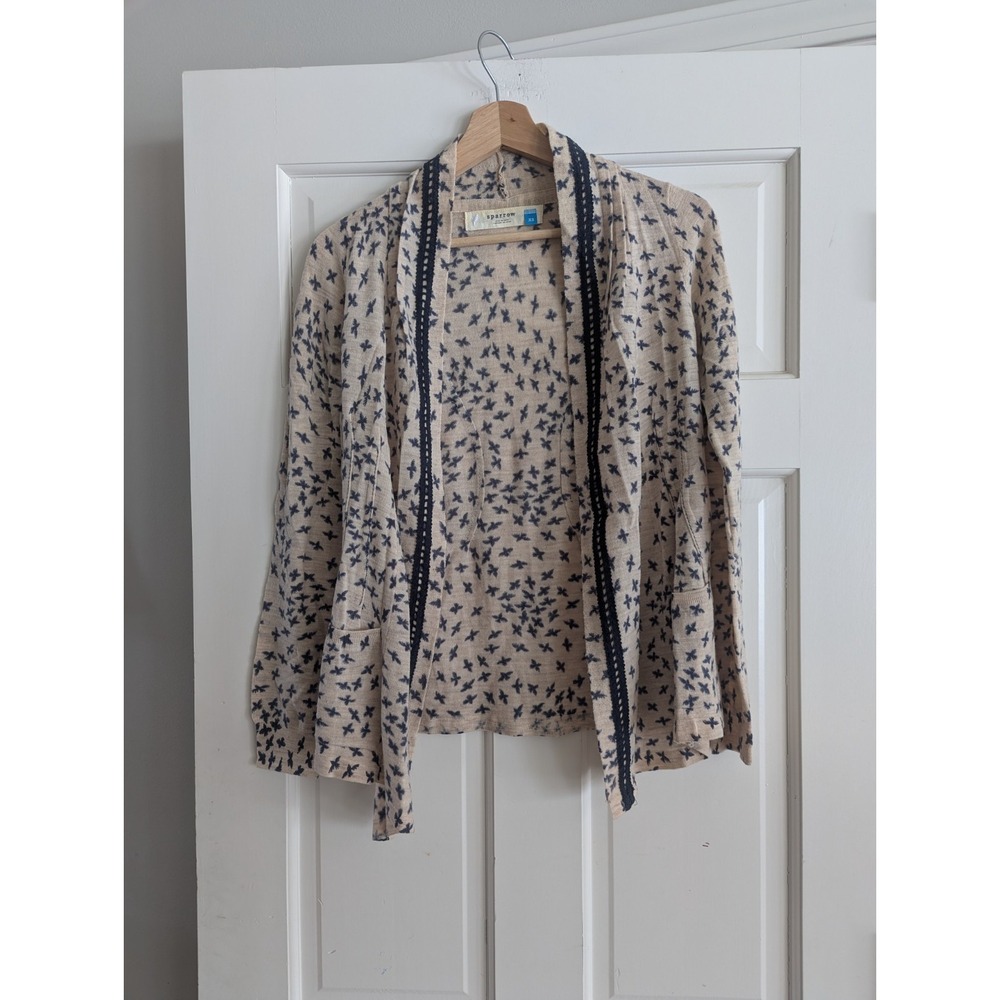 Anthropologie Sparrow Merino Wool Cardigan Sweater Beige Blue Bird Design Sz XS